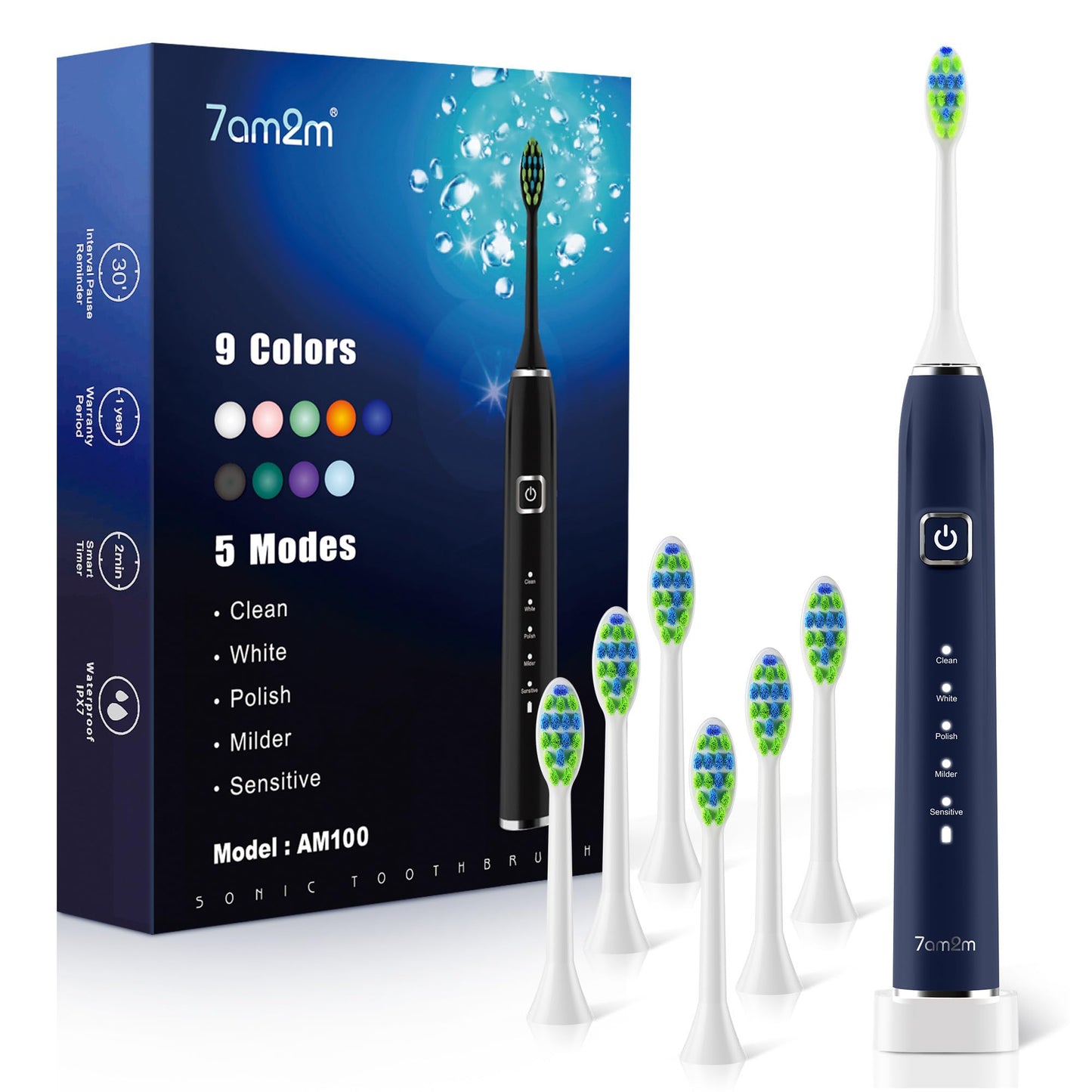 7AM2M Sonic Electric Toothbrush with 6 Brush Heads for Adults&Kids, One Charge for 120 Days, Wireless Fast Charge, 5 Modes, 40000VPM Powered Toothbrush, 2 Minutes Built in Smart Timer (Black)