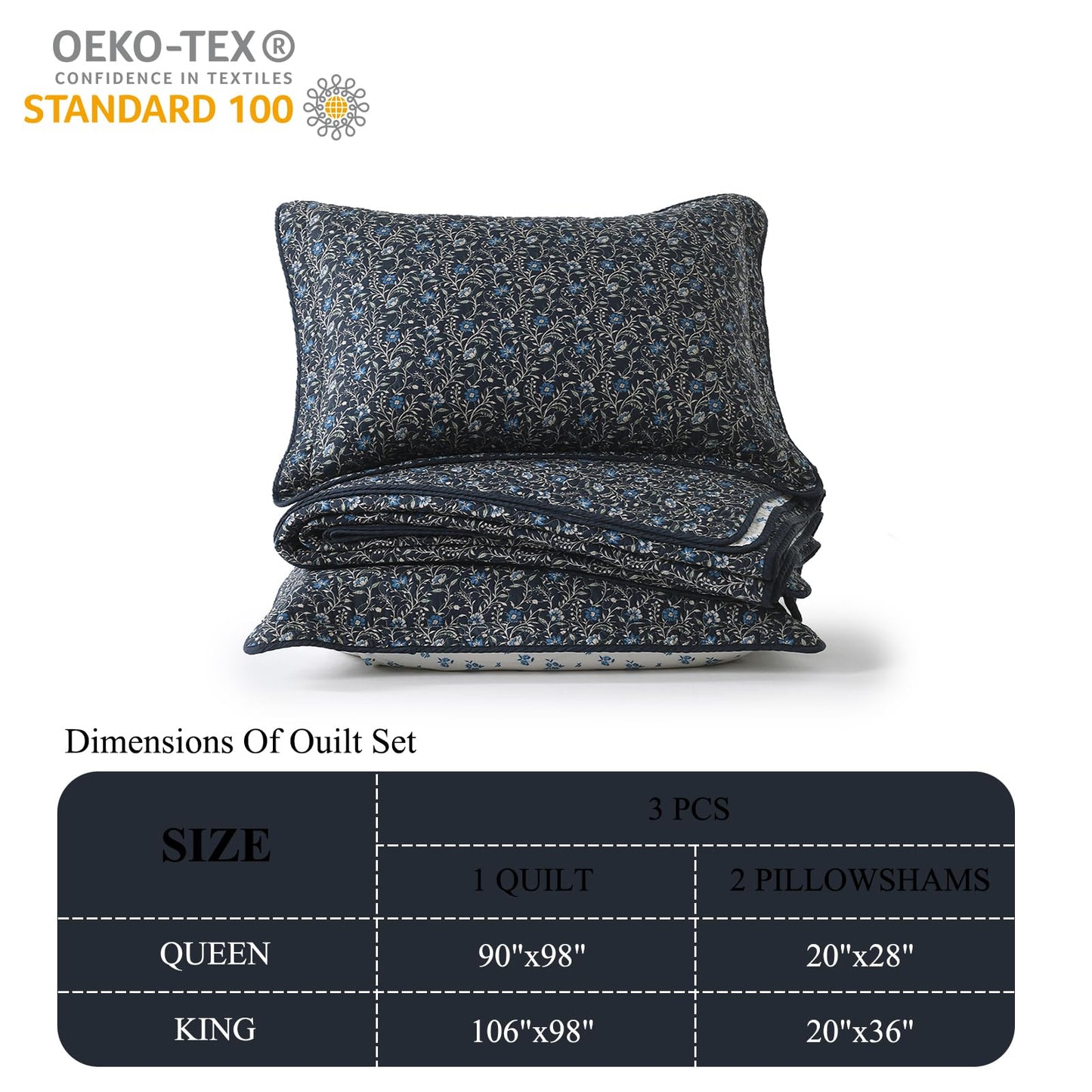 DDUOXIN Botanical Queen Quilt Set - 100% Cotton Reversible Plant Floral Quilts with 2 Pillow Shams, Curling Leaves Lightweight Bedspread Bedroom Bedding for All Seasons, Navy Blue/Blueberry/Bluesteel