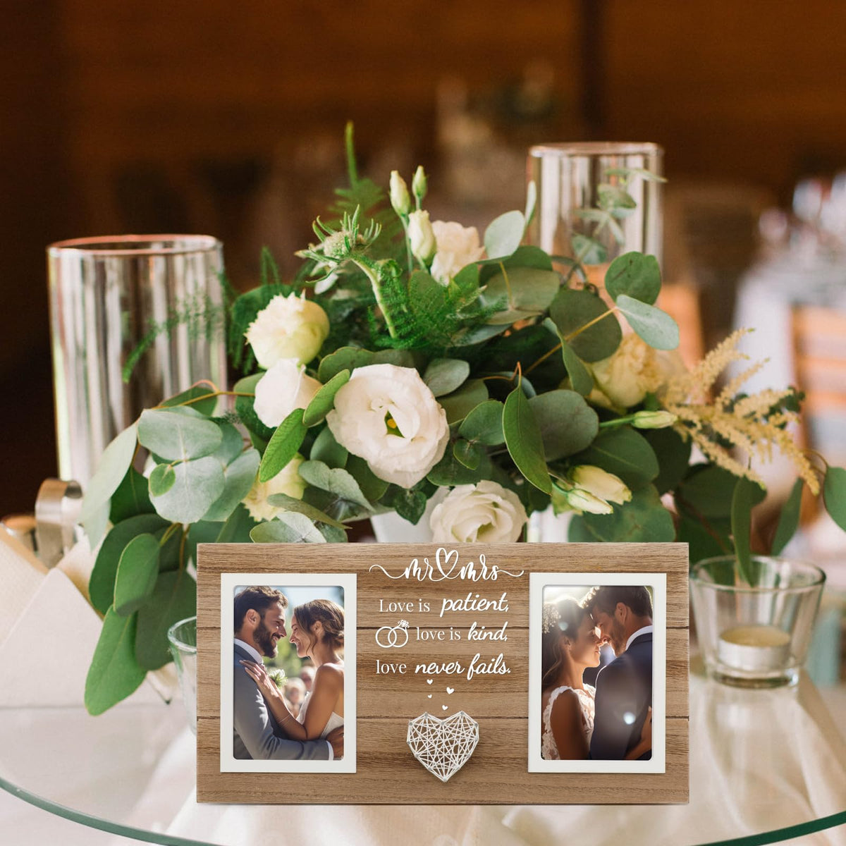 SOUHONEY Wedding Gifts for Couples 2026, Bridal Shower Gifts for Bride to Be, Wedding Picture Frame for Couple - Double 4x6 Pictures Frame - Wooden Couples Newlyweds Picture Frame with Heart Mr& Mrs