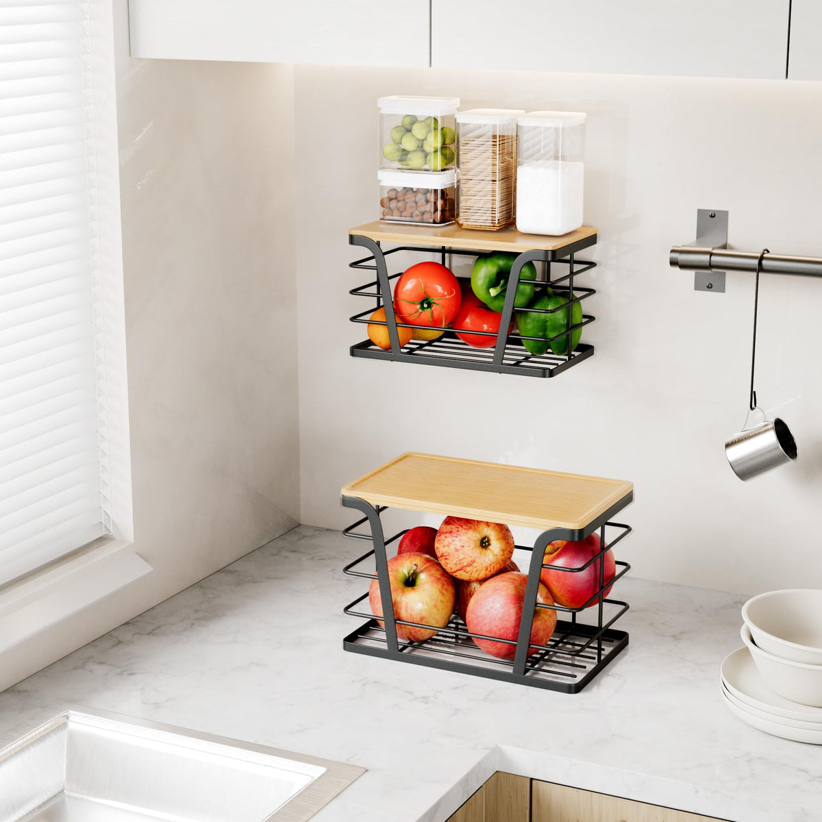 TIDIIABODE 2 Pack Stackable Storage Laundry Kitchen Organizers, Wall Mount Trash Bag Holder with Bamboo Top and Garbage Bag Dispenser No Drill