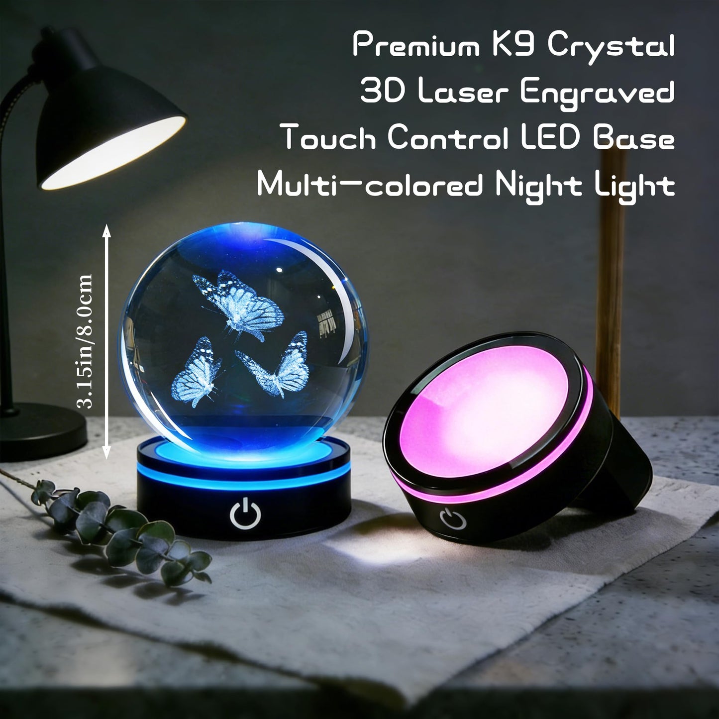 QIANCHANG 3D Butterfly Crystal Ball with LED Stand, 80mm K9 Crystal Glass Sphere Night Light Lamp, Butterfly Figurines Collectibles Gifts for Women Girls Mom Kids