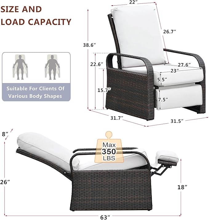 ART TO REAL Outdoor Recliner, Automatic Adjustable Wicker Lounge Recliner Chair with 5.12'' Thicken Cushion, All Weather Aluminum Frame, Brown Wicker + Beige Cushion
