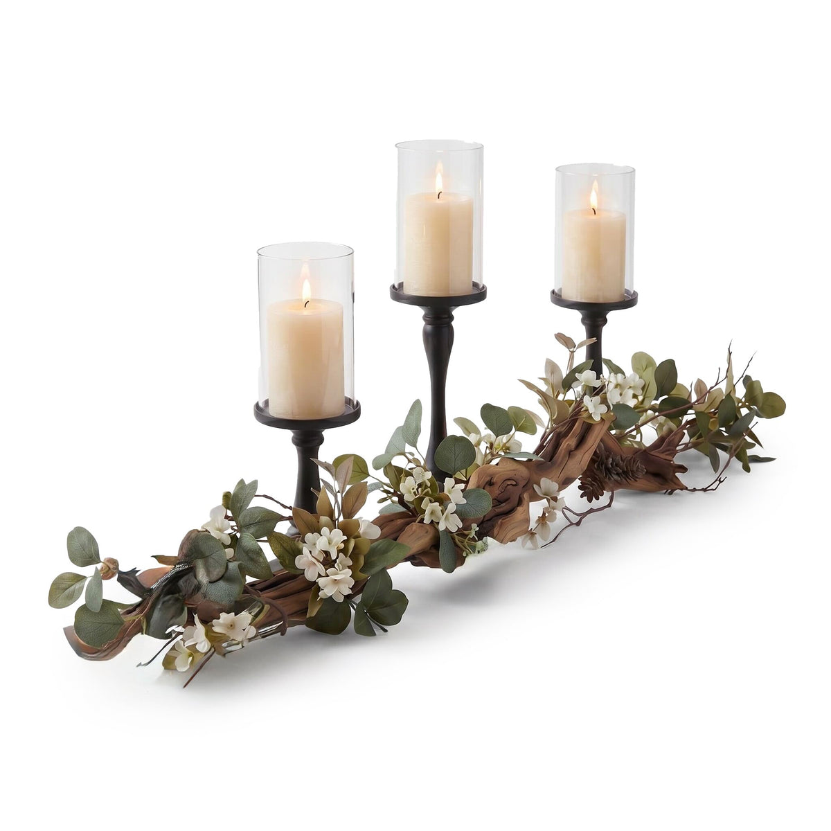 Eucalyptus Table Centerpiece with Candle Holders, Farmhouse Dining Table Decor, Rustic Greenery Centerpiece for Coffee Table, Mantle, Entryway, Wedding & Home Decor (Black)