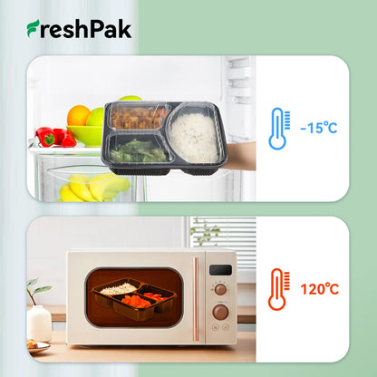 FRESHPAK Food Containers Reusable 40 Pack 38oz - Shrink Wrap Leakproof | Portion Control Leftover Plastic Container with Lid | BPA Free Freezer & Microwave Safe Meal Prep | 3 Compartment Takeout Boxes