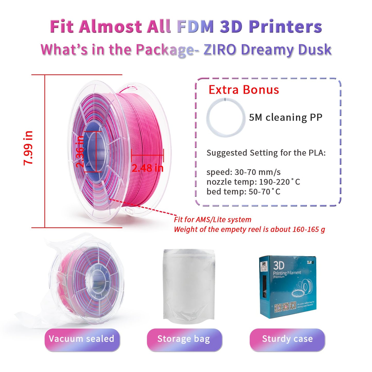 ZIRO Matte Gradient PLA Filament 1.75mm, Matte Multicolor 3D Printer Filament, Fit Most FDM 3D Printers, Dimensional Accuracy +/-0.03mm, 1KG Spool, Dreamy Dusk