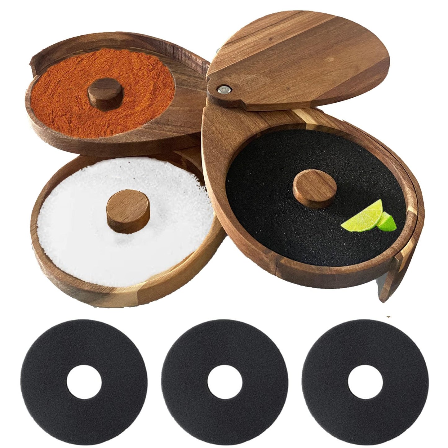 Hfpengzan Margarita Salt Rimmer Set, 3 Tier Bar Glass Rimmer Brown Bamboo Sugar and Salt Rimmer Box with 3 Sponges for Manhattan Drinks Bar Party Accessories Cocktail Bartender Tool