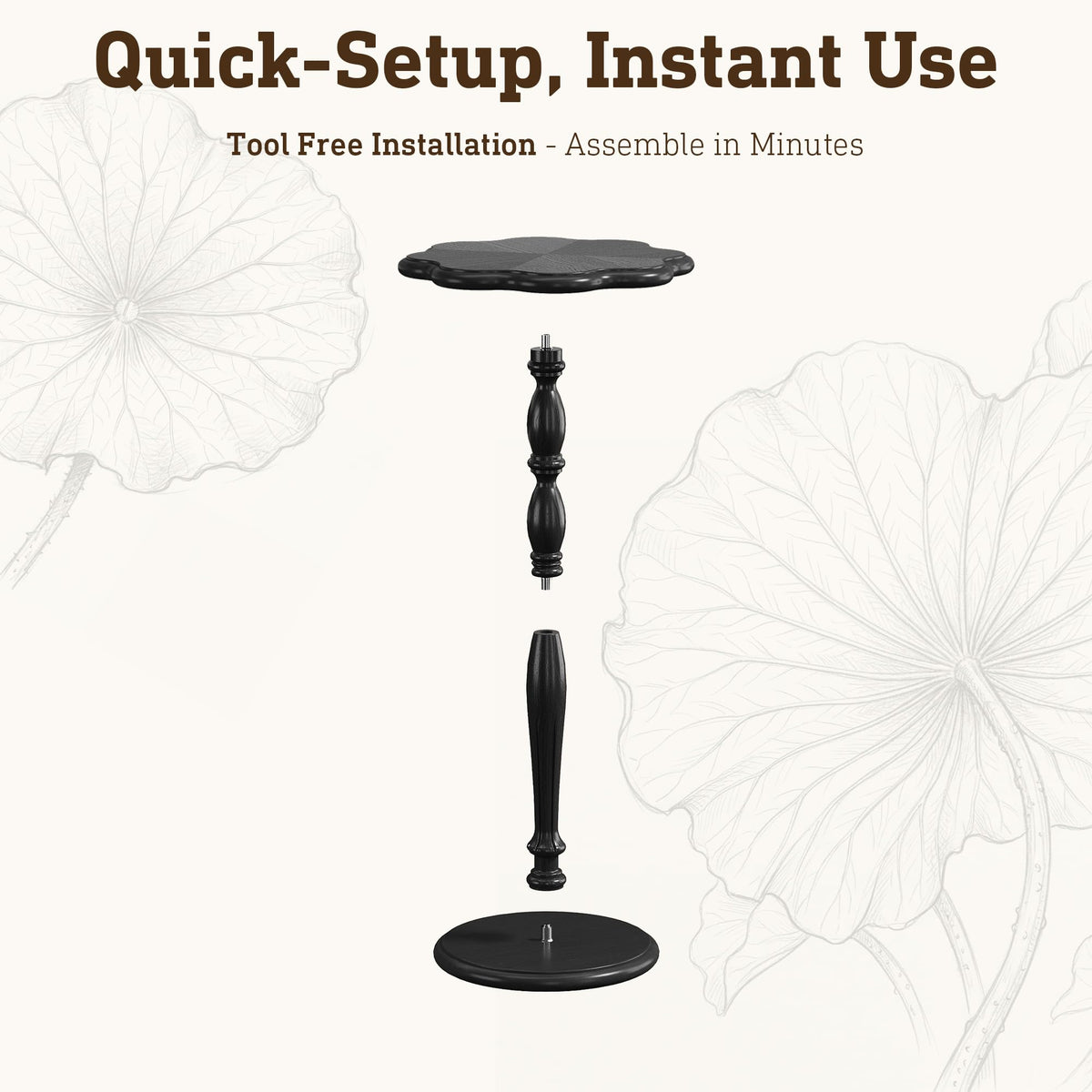 STO'SENSE Black Round Side Table,Drink Table for Small Spaces,Mid-Century Modern Accent Nightstand w/Solid Wood Leg,Sofa Pedestal Table w/Classic Sculpted Design for Living Room,Tool-Free Assembly