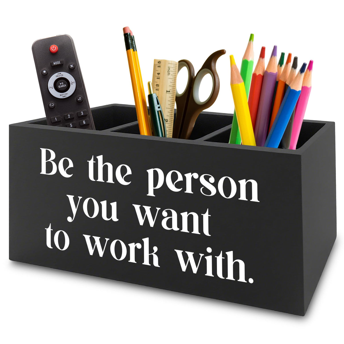 XPH Be the Person You Want to Work with Inspirational Pen Pencil Holder Organizer for Desk, Inspirational Gifts for Women Men, Motivational Wooden Box Sign for Home Office Desk Tabletop Decorations