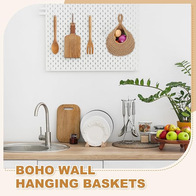 uxcell Hanging Fruit Baskets for Kitchen, Hand-Woven Wall Hanging Storage Jute