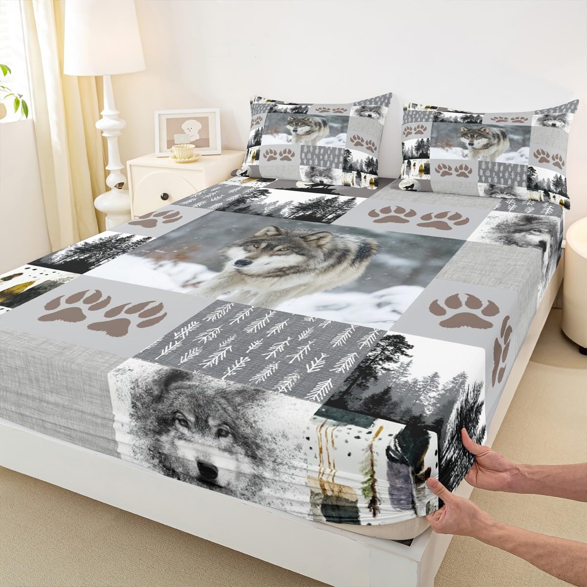 Manfei Wolf Kids Fitted Sheet Queen Size,Wolf Paws Print Pine Trees Wild Adventure Bedding Set,Boys Girls Adults Room Decor,Geometric Plaids Patchwork Bed Cover,Rustic Bed Sheet,2 Pillowcases