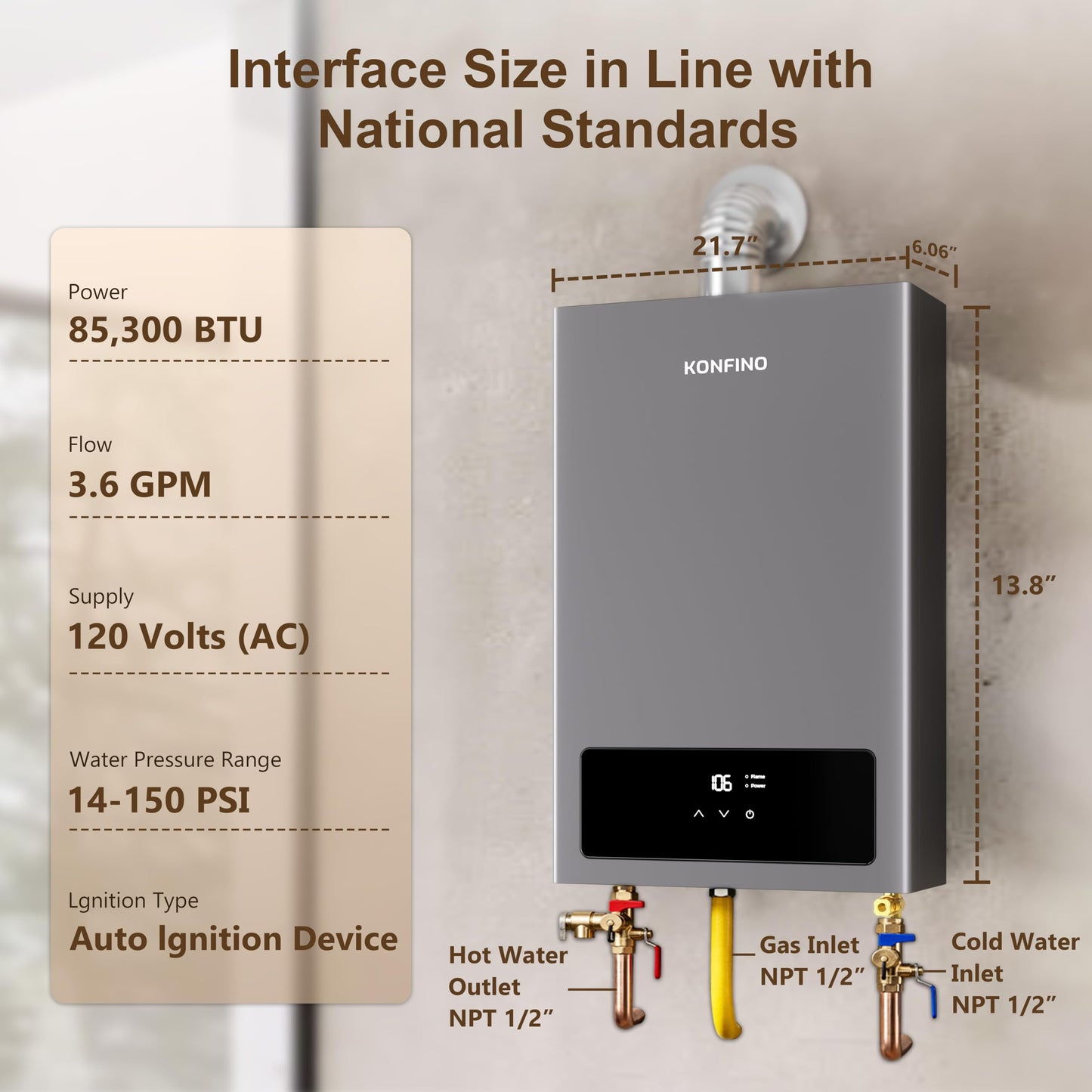 Konfino Indoor Natural Gas Tankless Water Heater - Up to 4.3 GPM, 102,000 BTU for 3-4 Water Point Use, On Demand Instant Hot Water Heater with Smart Digital Display, Multi-Protections & Alarm System