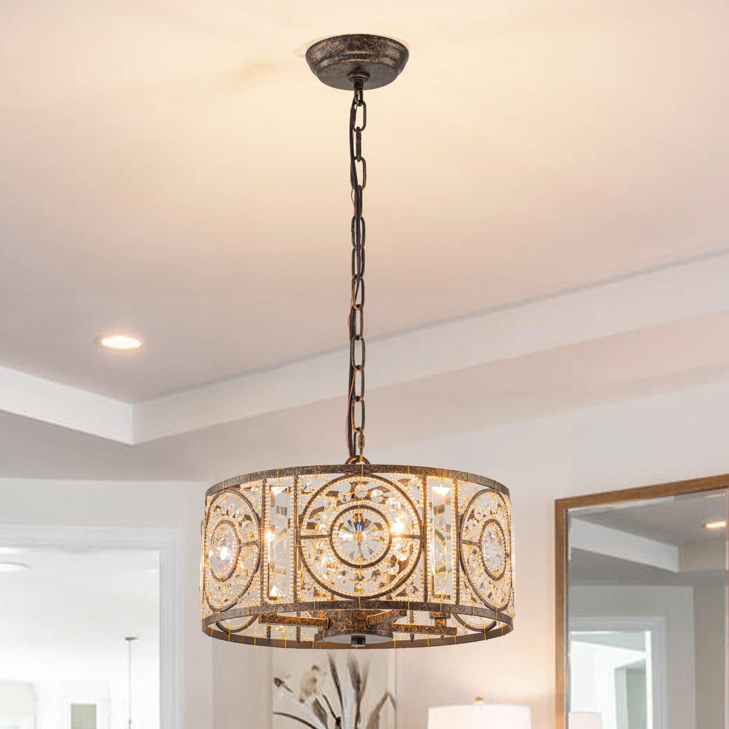 Zicbol Bronze Vintage Crystal Chandeliers for Dining Room 14.17" Drum Pendant Lights, Dining Room Light Fixtures Over Table, Hanging Chandelier for High Ceiling Kitchen Island Living Room Foyer