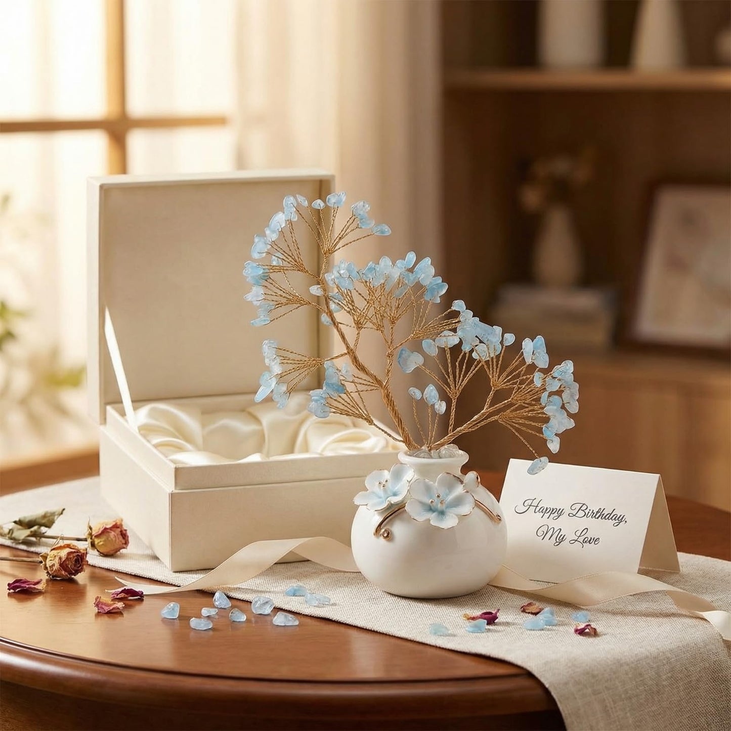 Aquamarine Crystal Tree of Life Decor, Large Chinoiserie Crystal Tree with Ceramic Vase and Gift Box, Blue Healing Money Feng Shui Tree Luck Reiki Balancing Energy Decoration for Women Men Gifts