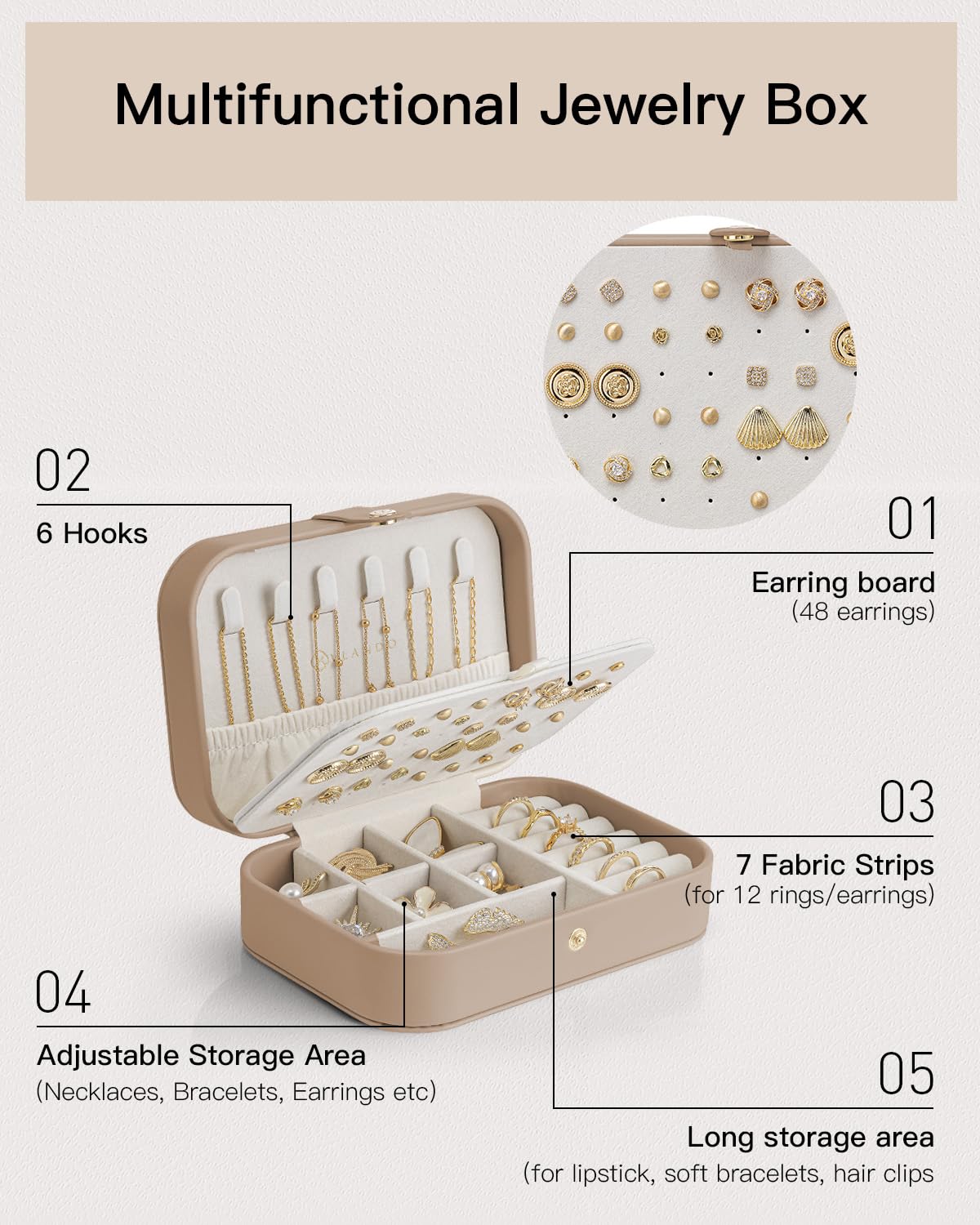 VLANDO Travel Jewelry Case for Women Girls Mothers, PU Leather Small Jewelry Box for Rings, Necklaces, Bracelets, Earring Holder Organizer Storage for Travel Accessories, Valentines Gift - Toffee