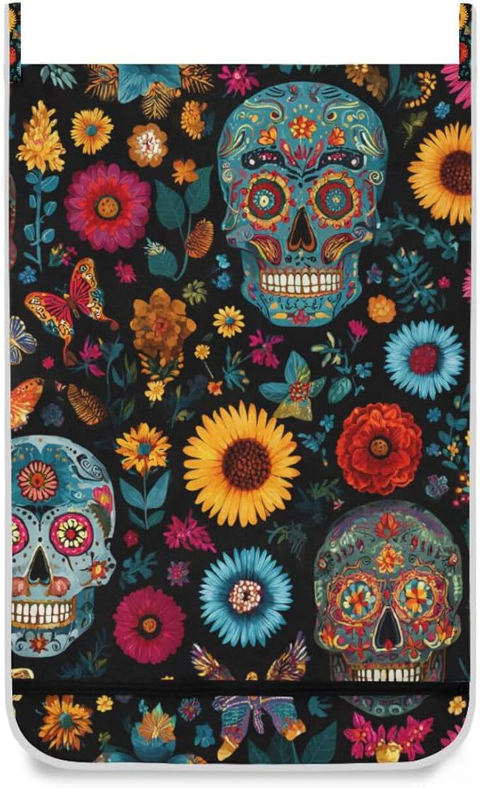 Mexican Skulls and Flowers Hanging Laundry Hamper Door Hampers Bag Basket