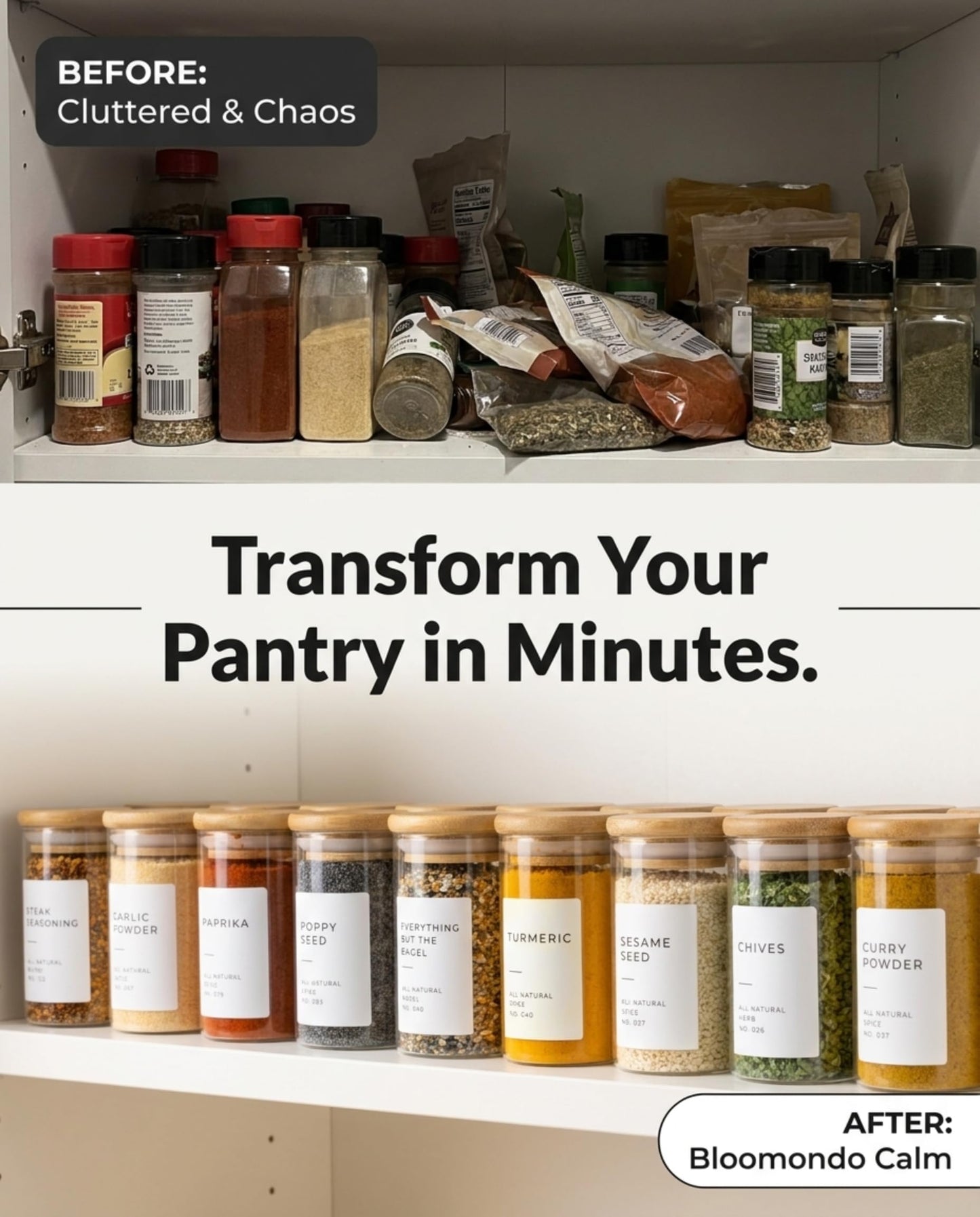 Bloomondo Glass Spice Jars with Label Pack (12x Bamboo Lid Glass Jar) Small 6oz Empty Spice Storage Bottles with 112 Printed Stickers and 48 Writable Pantry Labels for Seasoning Containers