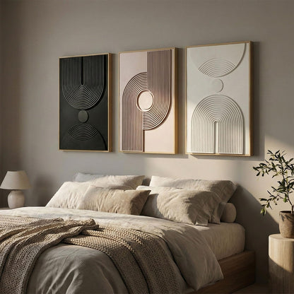 Framed 3D Textured Boho Neutral Abstract Wall Art for Bedroom, 3 Piece Mid Century Modern Artwork for Walls, Creamy White Brown Relief Sculptures for Diningroom Hallway Wall Decor 16x24 In