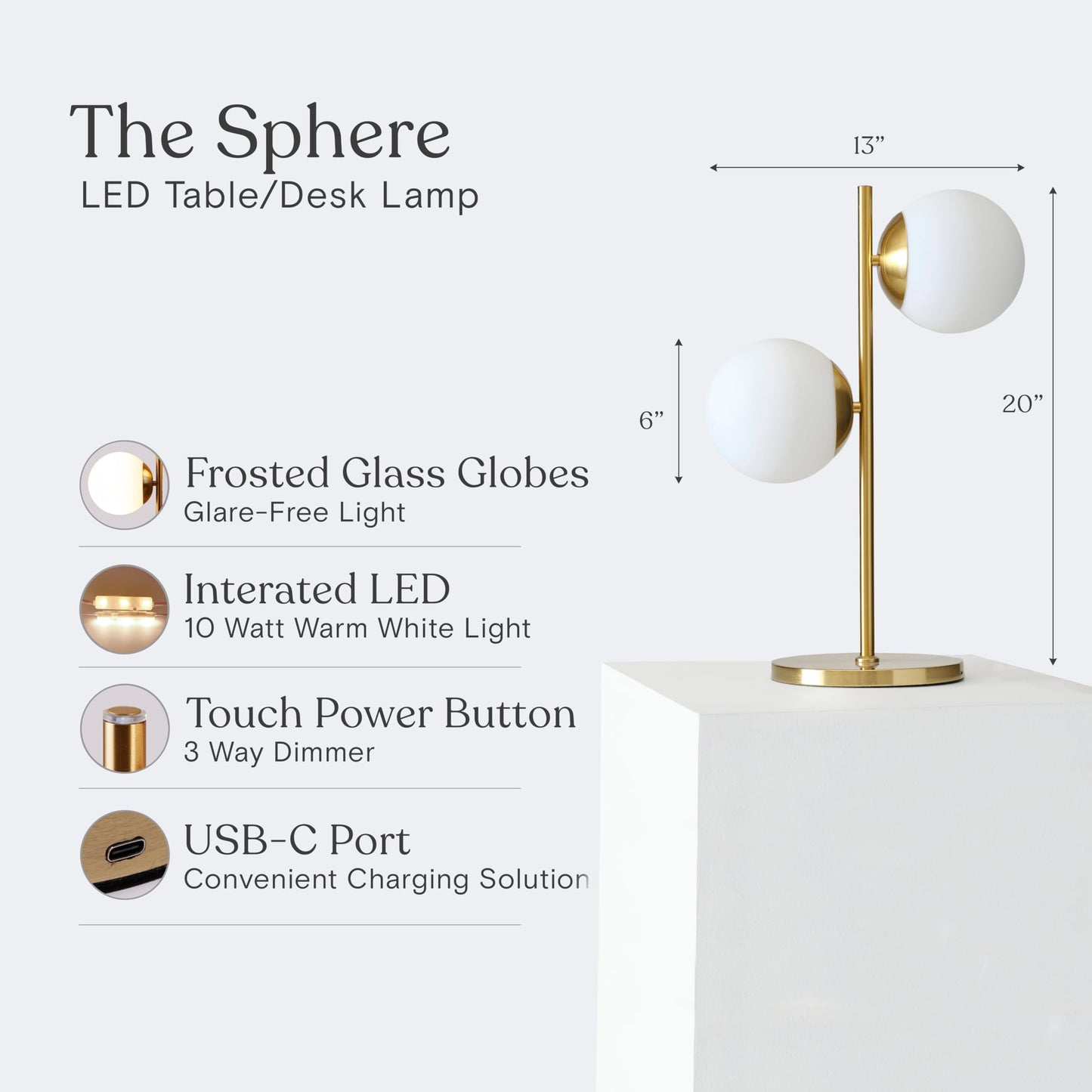 Brightech Sphere Table Lamp for Living Room, Mid-Century Modern Nightstand Light for Bedroom Offices, Contemporary Living Room Decor - 2 LED Globe Lights, USB Port – Gold/Antique Brass