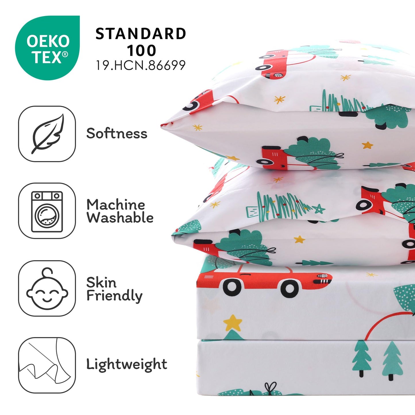 JSD Red Cars Christmas Kids Sheet Set Twin Size, 3 Piece Soft Holiday Printed Microfiber Bed Sheets Deep Pocket
