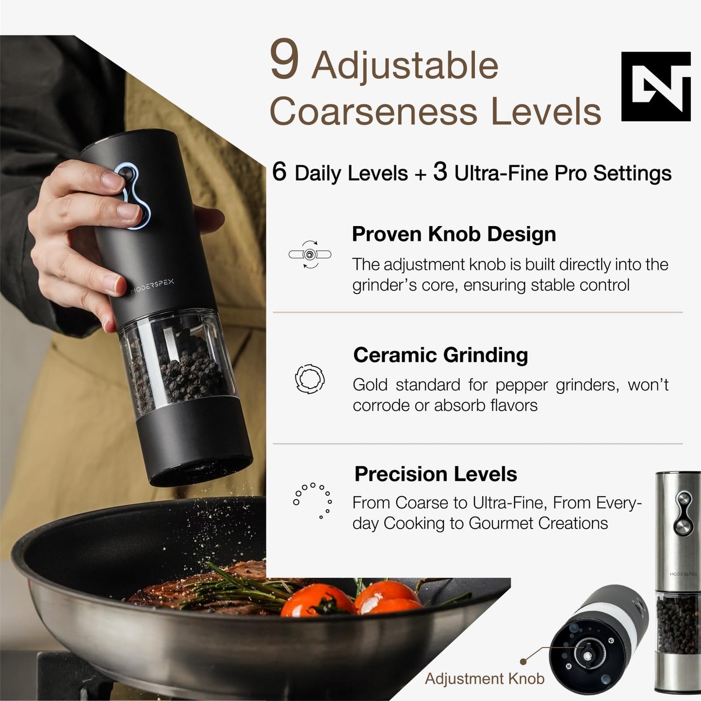 Electric Salt and Pepper Grinder Set USB-C Rechargeable, Dual-Speed Automatic Salt and Pepper Mills with 9 Adjustable Coarseness, Ceramic Burr, LED Light, Refillable, (Stainless Steel)