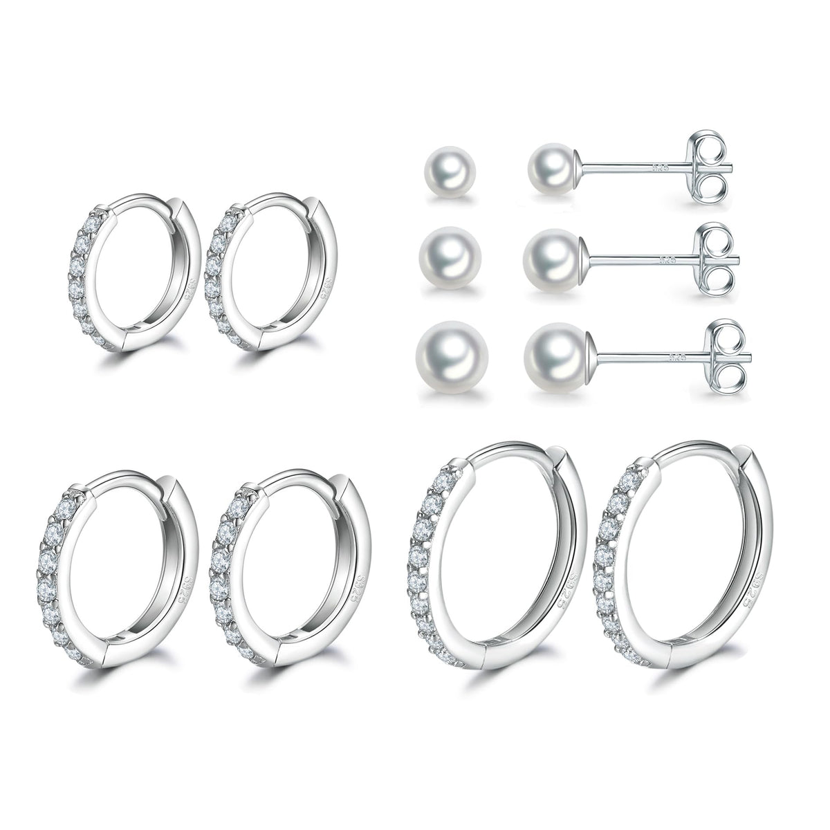 Sterling Silver Hoop Earrings Sterling Silver Stud Earrings for Women 6 Pairs Hypoallergenic Tiny Pearl Jewelry Set Cartilage Hoops