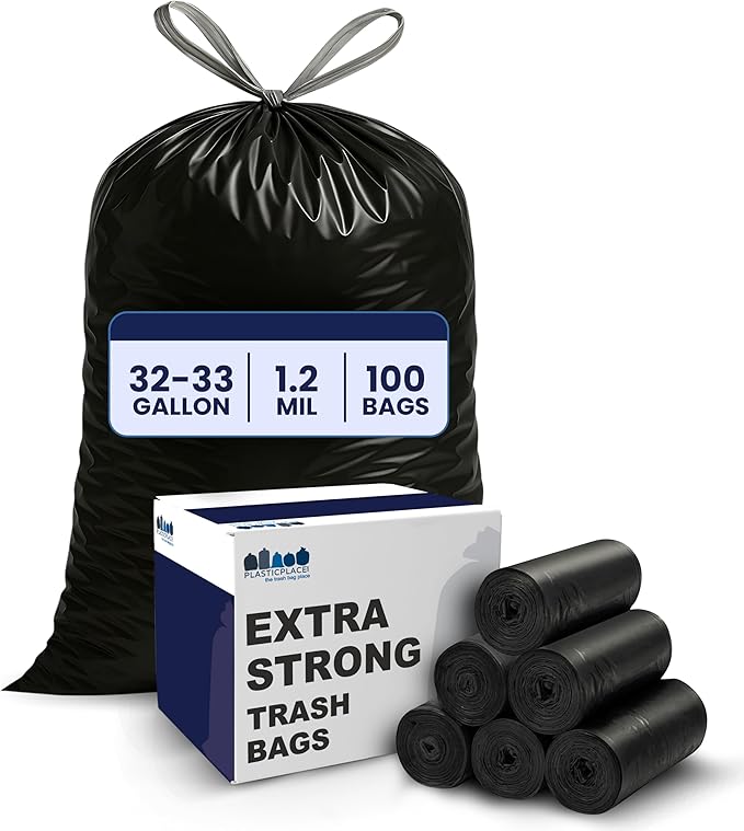Plasticplace 32-33 Gallon Trash Bags │ 1.2 Mil │ Drawstring Garbage Can Liners