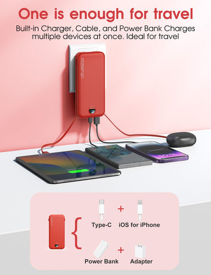 citicr Portable Charger Power Bank, 10000mAh PD20W USB C Fast Charging with Built-in Cables & Wall Plug, 5-in-1 Battery Pack with LED Display, Ultimate Travel Essential for iPhone, iPad, Samsung Red