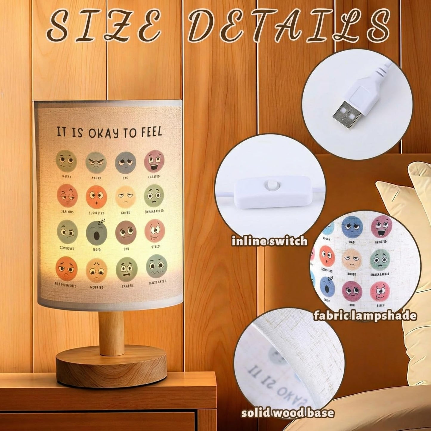 Baquler Bedside Table Lamp Boho Table Lamp Decorations for Bedroom It is Okay to Feel Classroom Light with USB Wood Base Cozy Nightstand Gifts Light for Counseling Home Desk Living Read Work