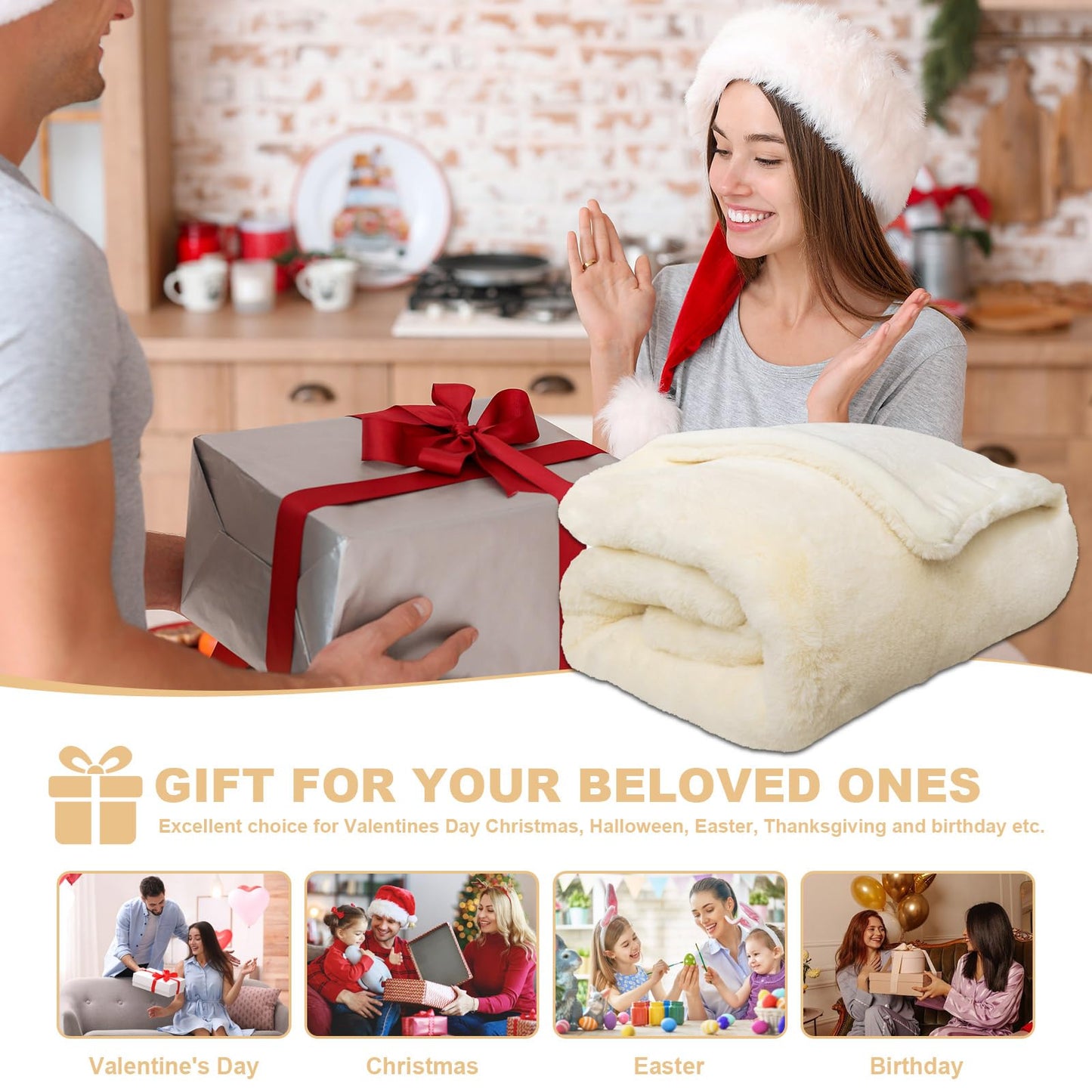 LiveGo Luxury 1000GSM Faux Mink Cashmere Throw Blanket, Super Heavy Warm Cozy Blankets for Couch Bed Sofa, Plush Elegant Soft Reversible Mink Blanket for Living Room Bedroom (Off-White, 100x160cm)