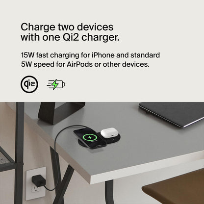 Belkin 2-in-1 Wireless Charging Pad w/ Qi2 15W + Additional USB-C Port - MagSafe-Compatible Charger, Charging Station for iPhone 16 & 15 Series, Samsung Galaxy S25 Series, AirPods, & More - Black