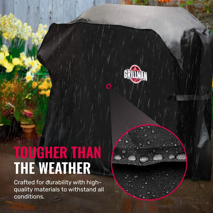 Grillman Heavy Duty BBQ Cover - 147 x 61 x 122 cm Waterproof Barbecue Cover for Outdoor Grill - Fits Weber, Char Broil, Outback - Windproof, Rip-Proof, UV Resistant - Black