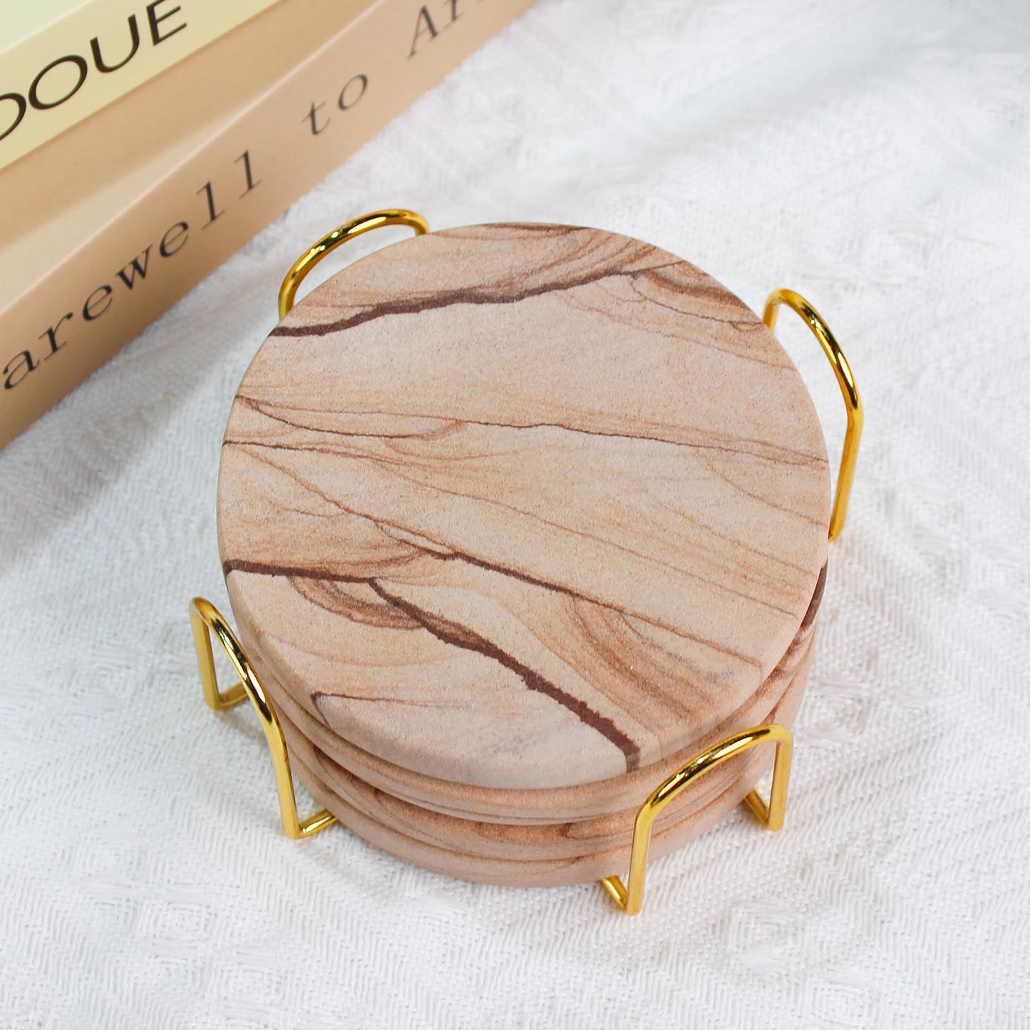 Natural Sandstone Coasters Set of 4 with Holder, 4 in Dia Drink Coasters for Coffee Table, Water Absorbent & Heat Resistant Cup Coaster for Home & Office, Christmas Birthday Gift