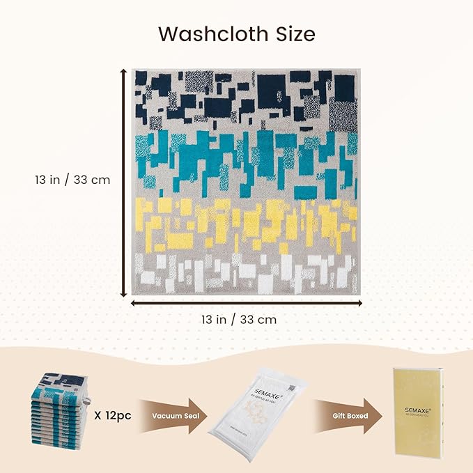 SEMAXE 100% Cotton Washcloths 12-Pack, 13 × 13 Inch Soft Luxury Face Towels –