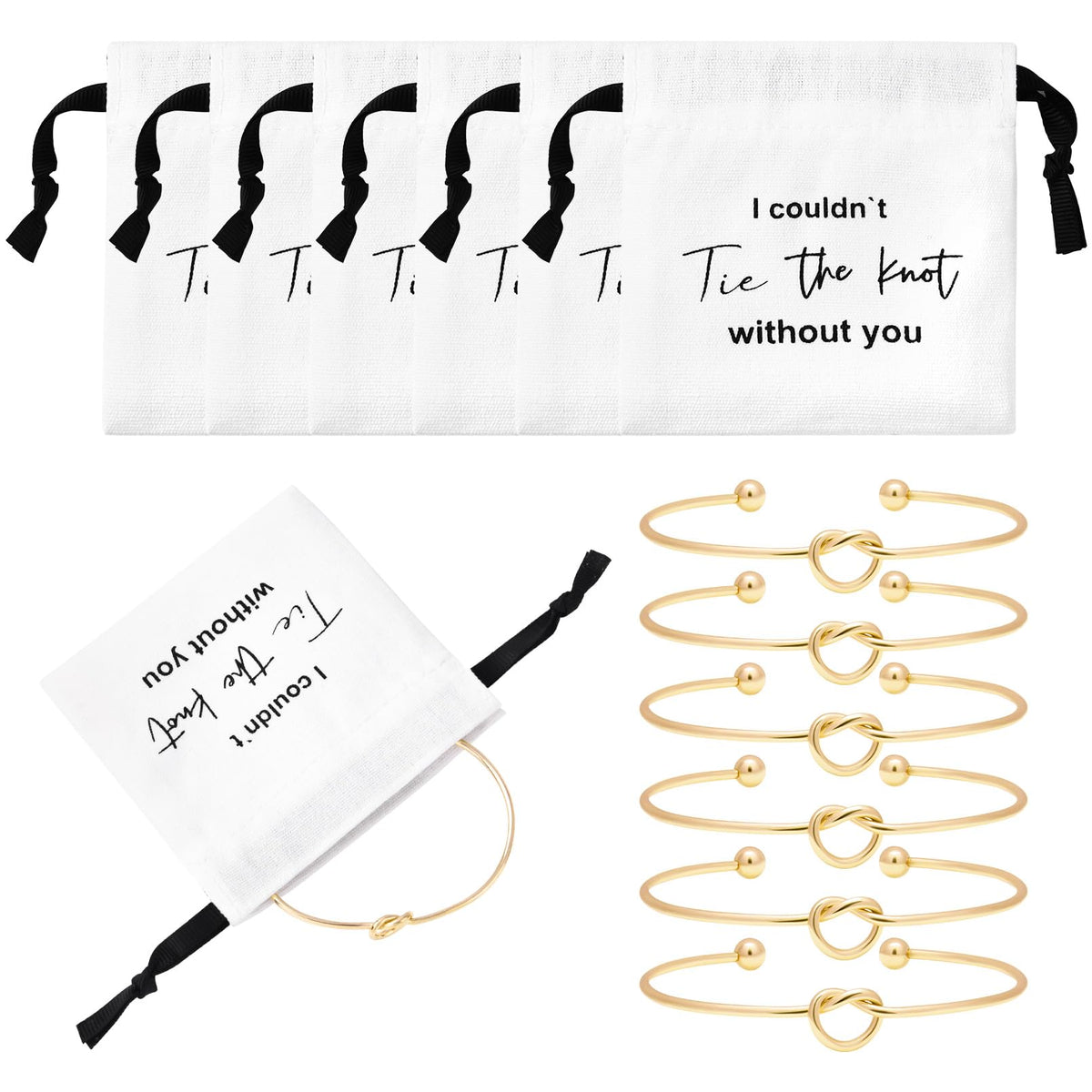 CEELGON 12 Pcs Jewelry Pouch Set of 6 Linen Cotton Small Drawstring Bags & Bridesmaid Knot Bracelet Jewelry Packaging Proposal Gift Bridal Party Favors (Gold)