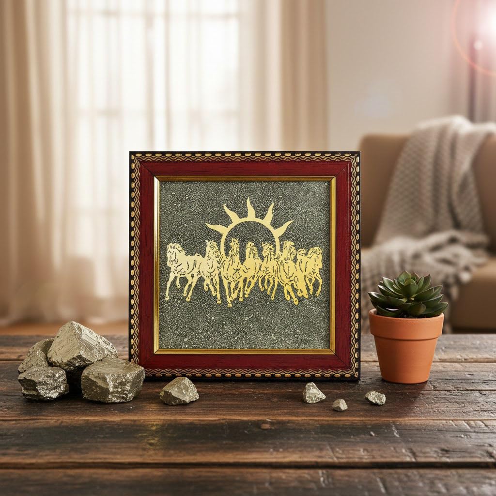 SATVIK 7 Horses on Raw Pyrite Frame – Natural Raw Pyrite Crystal Decorative Frame with Wooden Base – Seven Running Horses Motif for Home & Office Décor