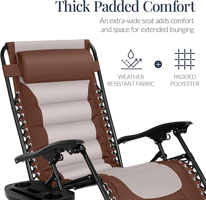 Best Choice Products Oversized Padded Zero Gravity Chair, Folding Outdoor Patio Recliner, XL Anti Gravity Lounger for Backyard w/Headrest, Cup Holder, Side Tray, Polyester Mesh - Brown/Oyster