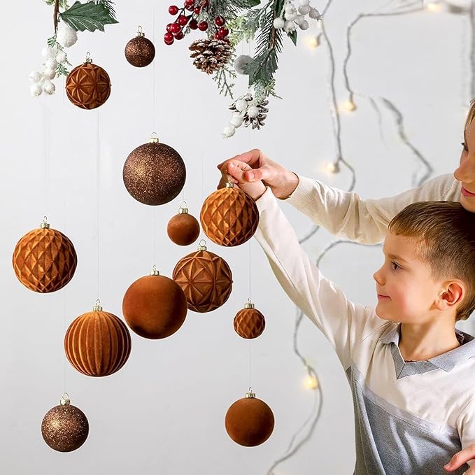 36Pcs Shatterproof Velvet Brown Christmas Ball Ornaments Set - 5 Styles in 3 Sizes (Small Medium Large) for Xmas Tree Decor, 2025 Festive Holiday Christmas Tree Decorations