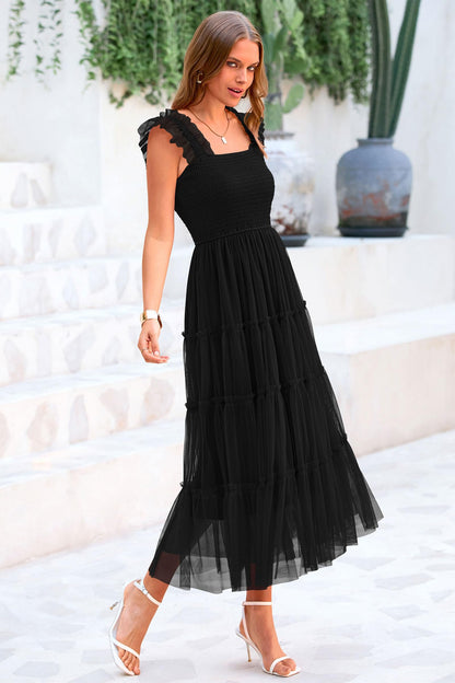 PRETTYGARDEN Women's Summer Tulle Midi Dress Sleeveless Smocked Ruffle Flowy Mesh Dresses Party Wedding Guest Sundress (Black,Large)