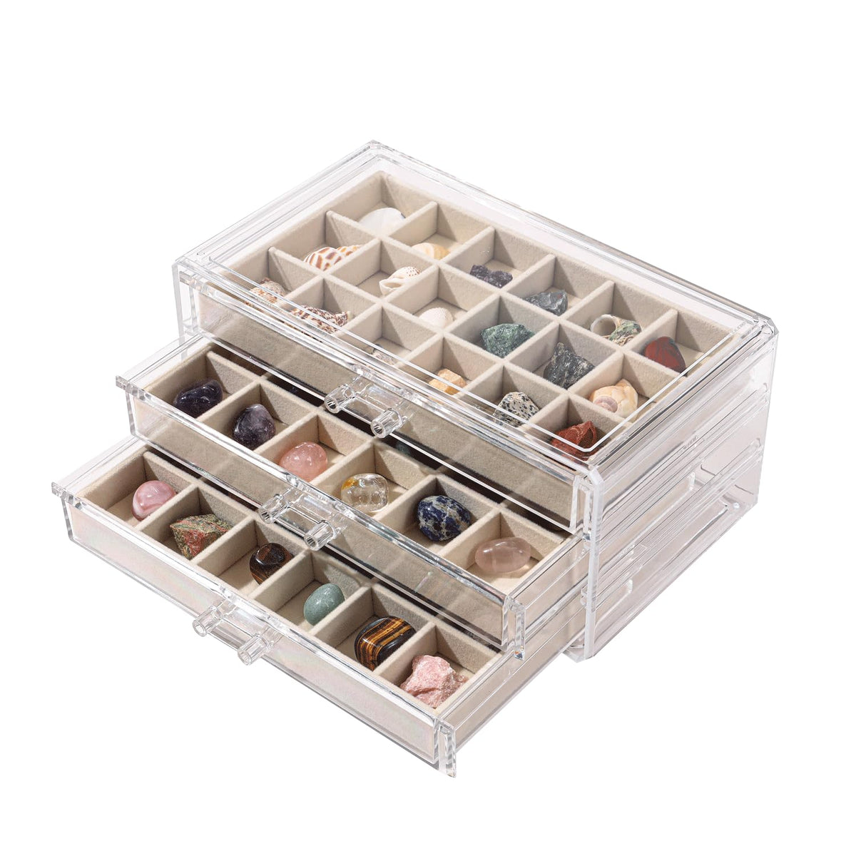 CLUQMEIK Acrylic Rock Collection Display Case with 54 Grids Storage Compartments Rock Collection Boxes Display Organizer Collection Storage Display Cases for Collectibles Crystal /Rock（Beige）