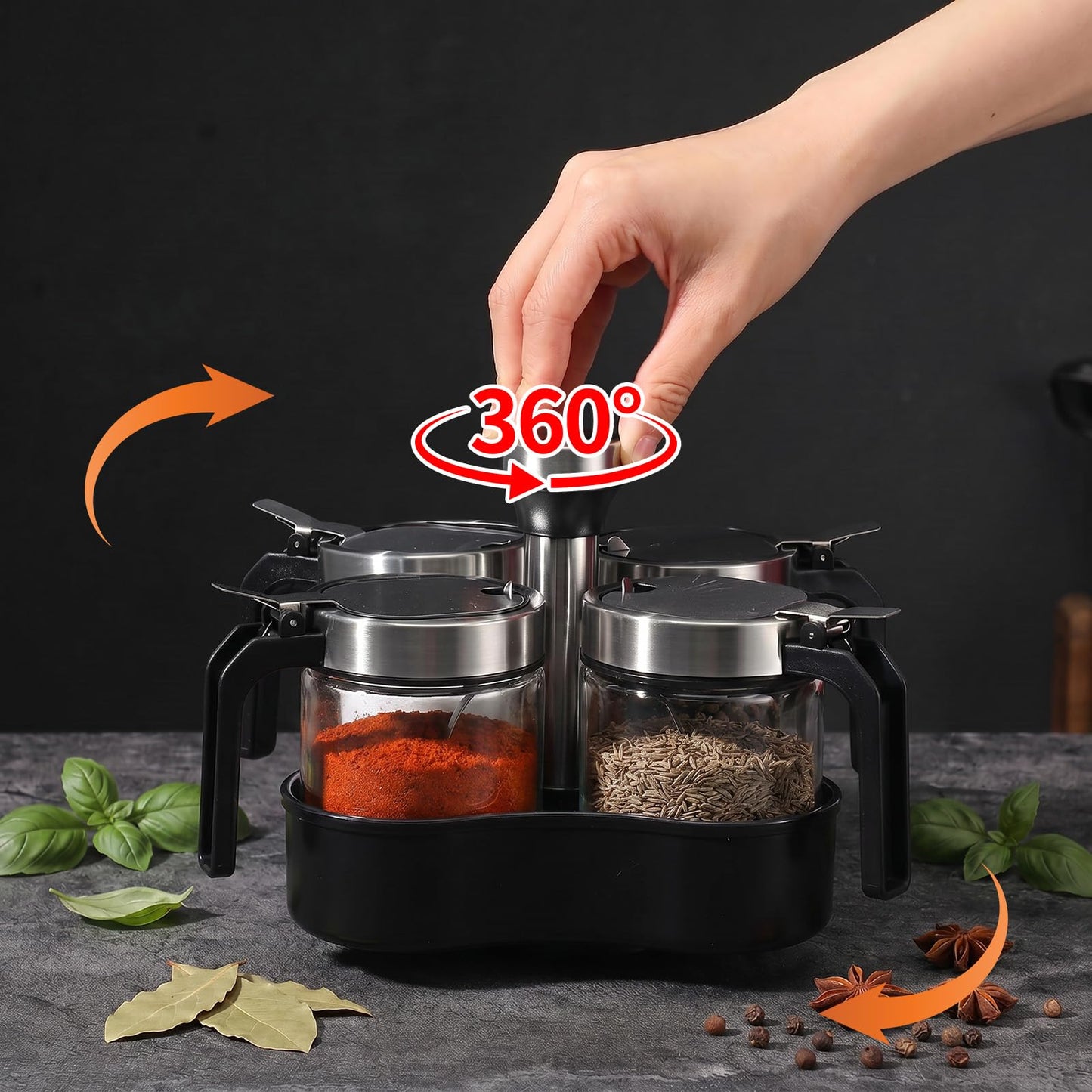 Set of 4 Revolving Condiment Pots: Sugar Bowl, Salt & Pepper Cellar with Lid and Spoon, 360-Degree Rotating Holder Tray for Kitchen Countertop Organization, Glass Spice Jars with Stainless Steel Acces