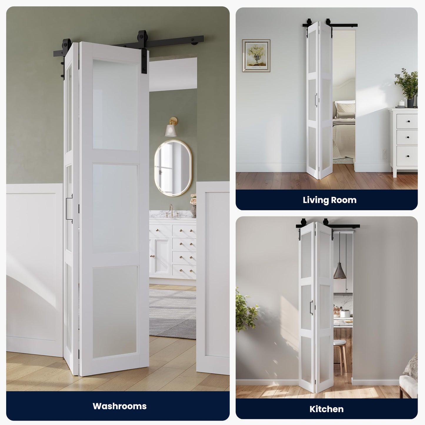 SMARTSTANDARD 36in x 84in Bifold Barn Door, Frosted Glass Barn Door with Hardware Kit Included, Pre-Drilled Holes Easy Assembly -Solid Barn Doors Slab Covered with Water-Proof PVC Surface, White