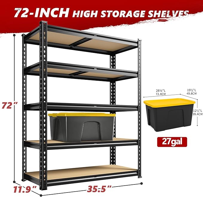 REIBII 2400LBS Storage Shelves 5 Tier Garage Shelving Heavy Duty Adjustable Garage Shelves, Utility Rack Shelf, Shelving Units for Storage Warehouse Pantry Closet, 35.5" W x 11.9" D x 72" H, Black