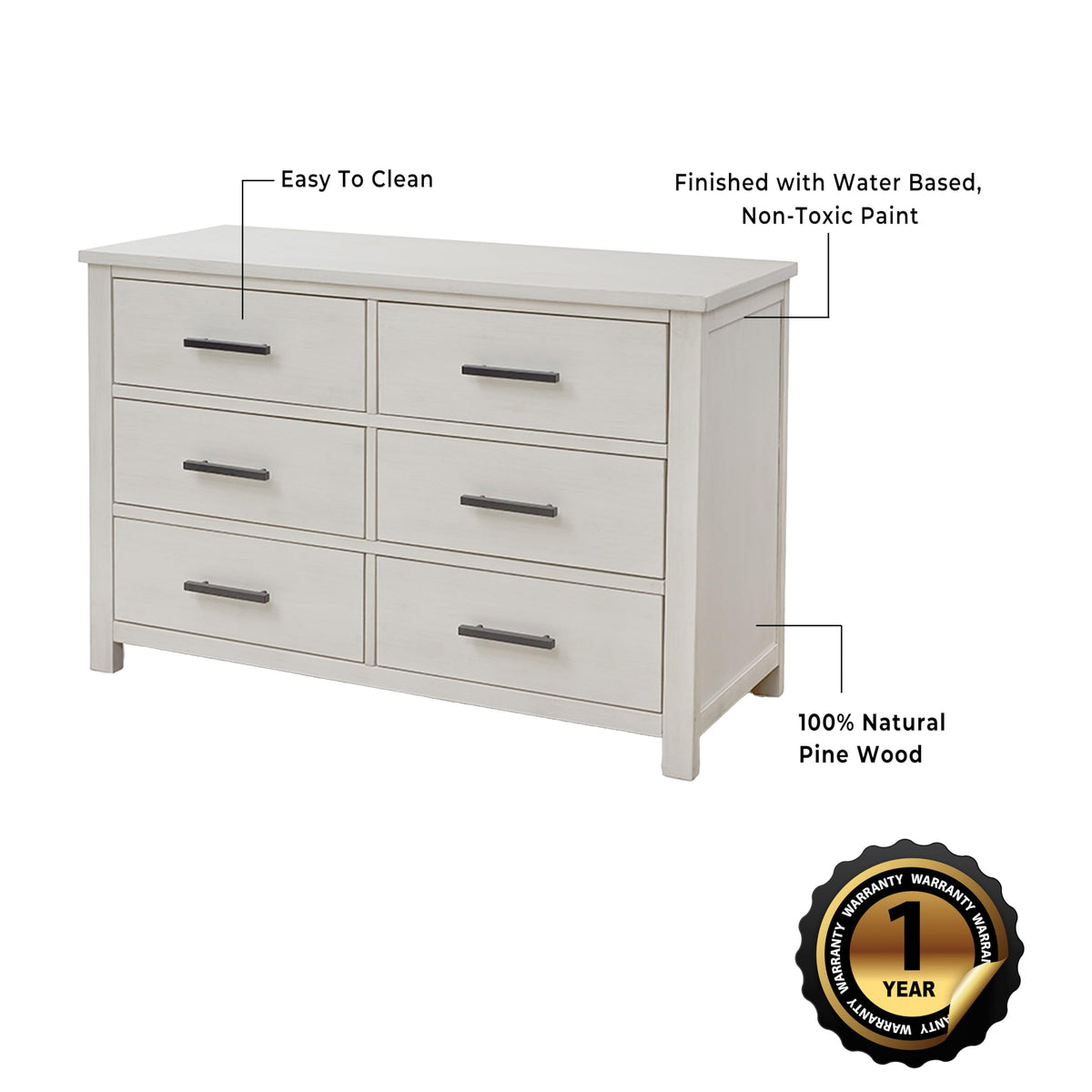 Sorelle Westley Double Dresser - 6 Drawer Solid Wood Nursery Dresser with Smooth Drawer Glides and Anti-Tip Kit, Convertible Changing Surface Ready, Brushed Ivory