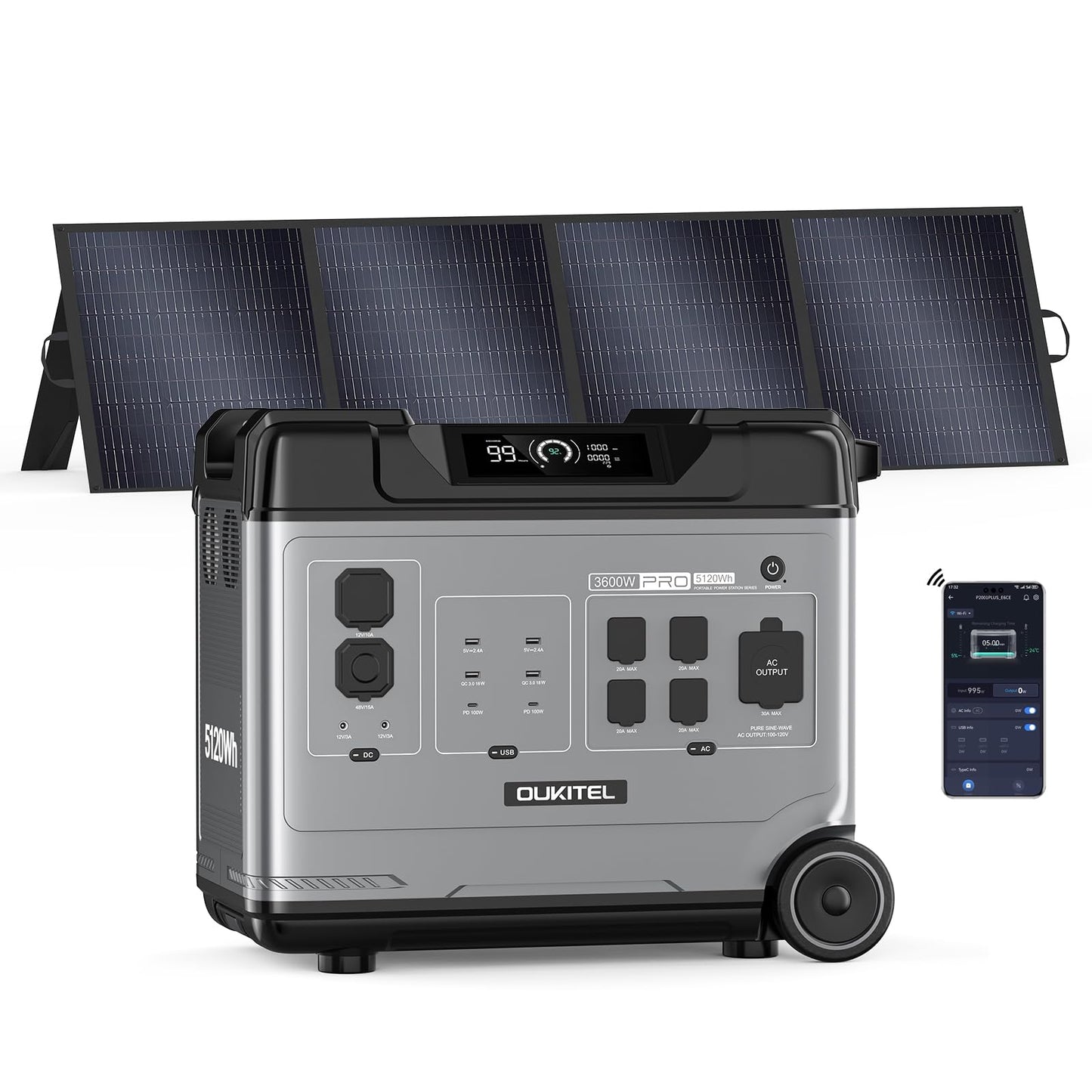 P5000 Pro 5120Wh Large Capacity Portable Power Station with 1×200W Solar Panels, 3600W(6000W Surge) Solar Generator with LiFePO4 Battery, 5×3600W AC Output, for Emergency, Home Backup, RV, Camping