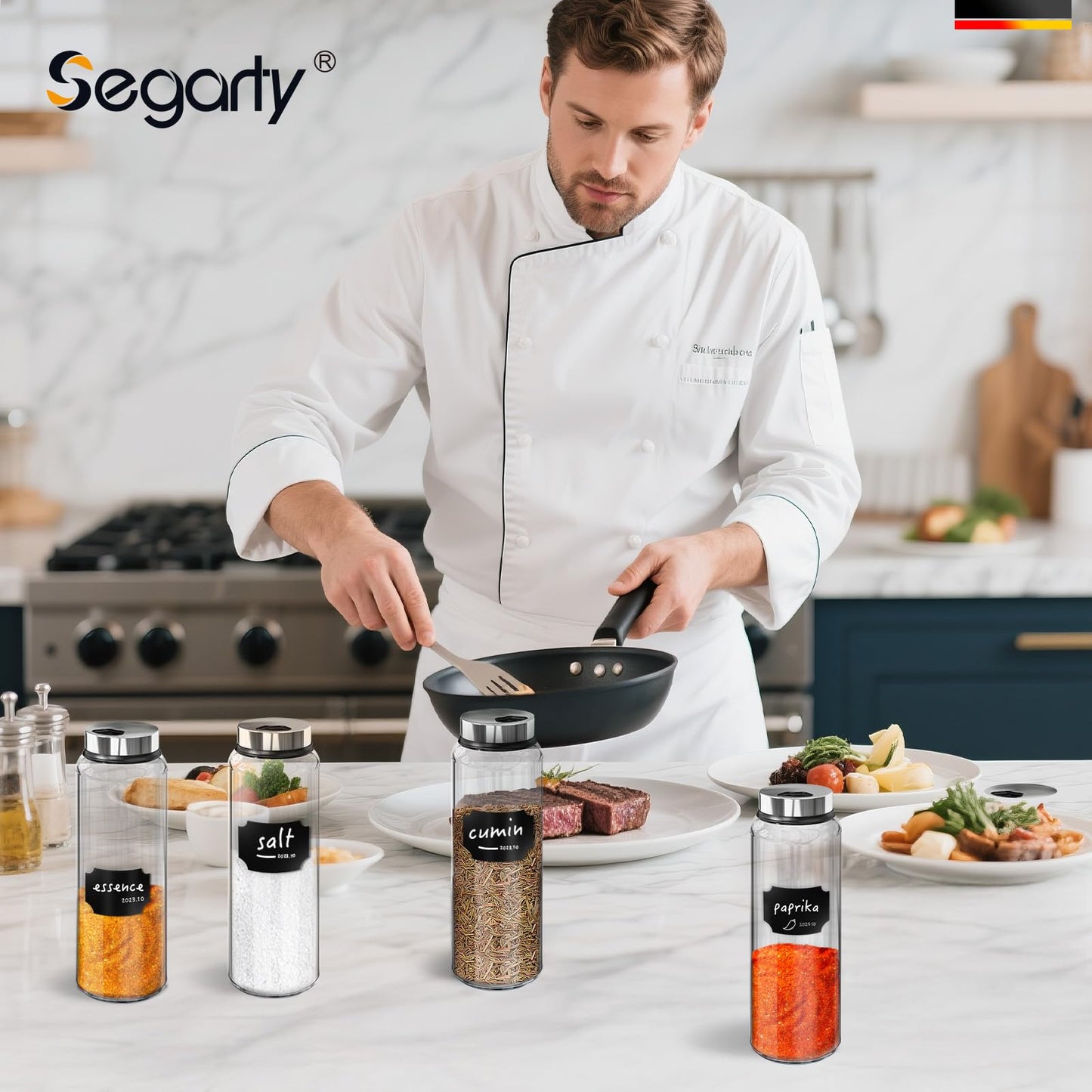 Segarty 15oz Spice Jar with Accessories, 1 Pack 450ml Glass Salt Pepper Bottle with Shaker Lids for Seasonings Storage, Large Condiment Container with 8 Blank Labels, 1 Cleaning Brush, 1 Chalk Marker