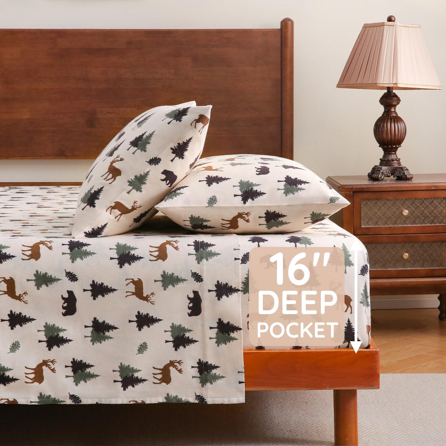 LONAVA 100% Cotton Flannel Sheet Set 4 Pieces, Heavy-Duty Fluffy Flannel Design, Thermal Lock Technology, 16 inch Deep Pocket Cozy Soft Bedsheets,(Twin,Fall Forest)