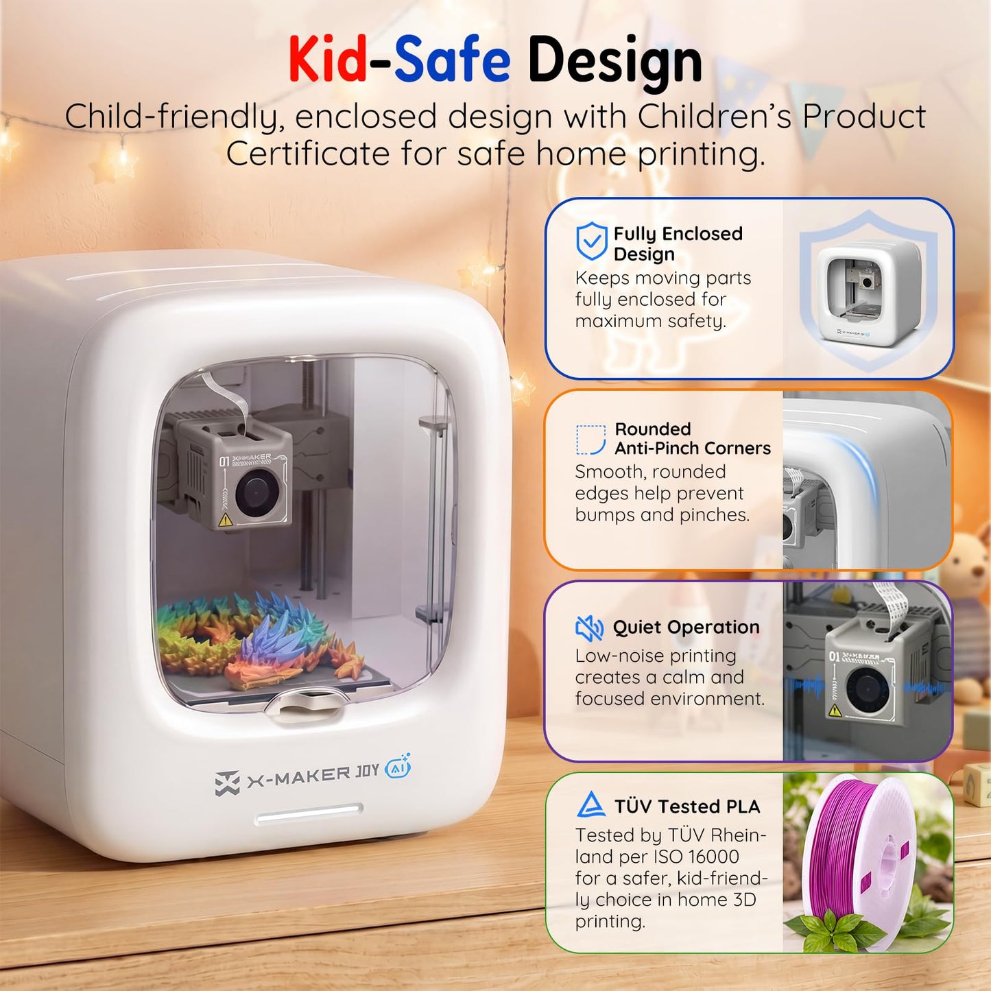 AOSEED 3D Printer for Kids, Fully Assembled AI 3D Printer with 8,000+ Models & 17+ Modules, 400mm/s High Speed, Leveling Free, STEM Toy Gift with 1 PLA Filament for Home & School, X-Maker Joy AI+
