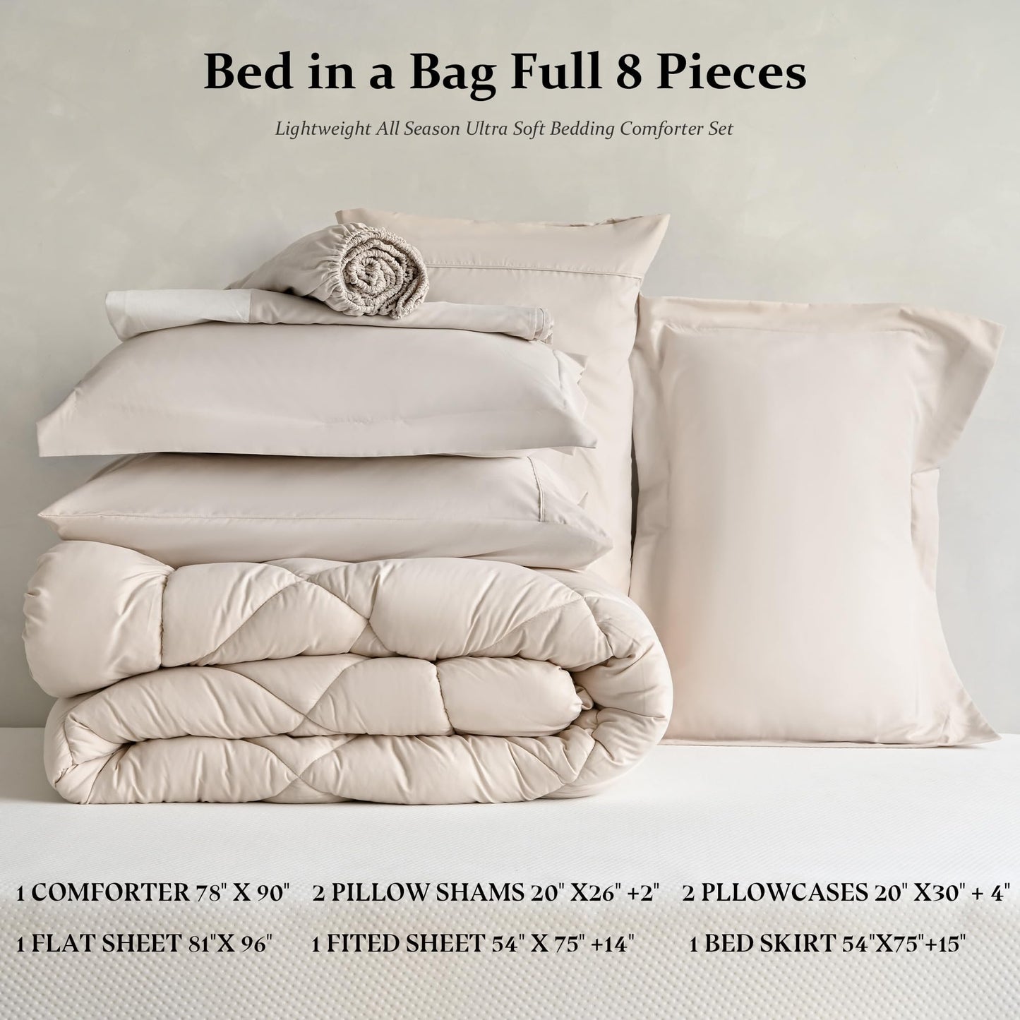 Newspin Full Comforter Set Beige - Bed in a Bag Full Size 8 Pieces, All Season Bed Set, Fluffy Comforter Set with Sheets, Sheet Set Quilt Blanket, Pillowcases & Shams & Bed Skirt