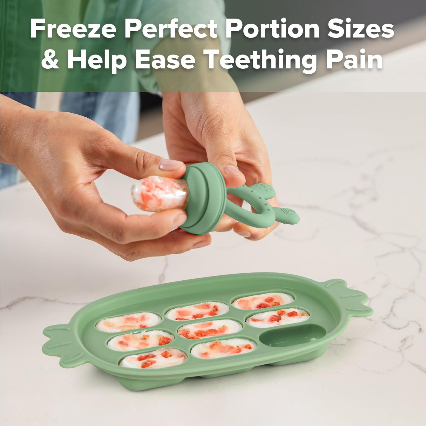 Haakaa Baby Fruit Food Feeder & Silicone Freezer Nibble Tray Combo - Breastmilk Popsicle Mold for Baby Cooling Relief, BPA Free Baby Mesh Food Feeder for Infant Self Feeding - Pea Green
