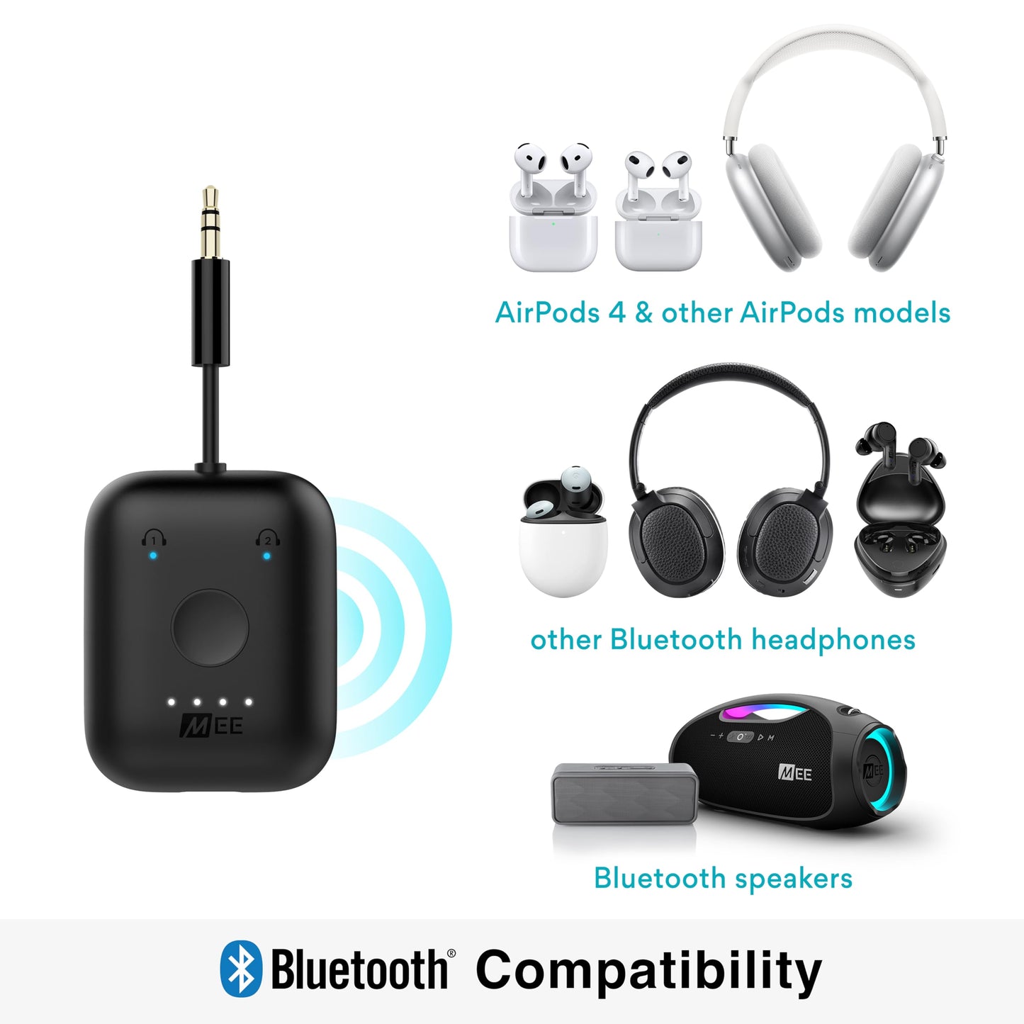 MEE Audio Connect Air in-Flight Bluetooth Wireless Audio Transmitter Adapter for up to 2 AirPods/Other Headphones; Works with All 3.5mm Aux Jacks on Airplanes, Gym Equipment, TVs, & Gaming Consoles